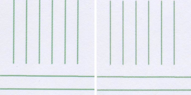 Brother HL-2340DW (справа) напечатал зубчатые диагональные линии