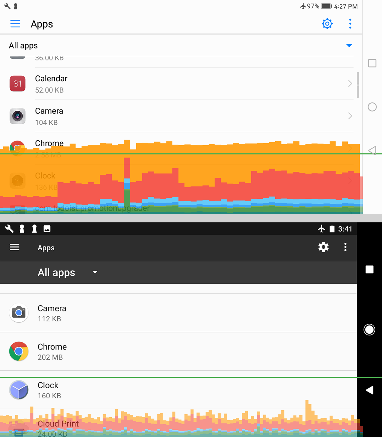 Прокрутка в меню Настройки -> Приложения: Huawei Mate 9 (вверху), Google Pixel XL (внизу)